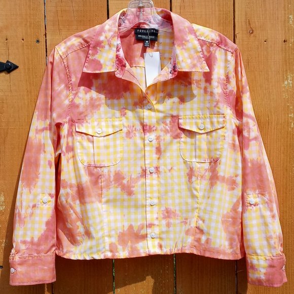 Foxcroft Crop Button Down Top Women's 16 Yellow Gingham Rose Tie Dye Lightweight - Picture 3 of 7
